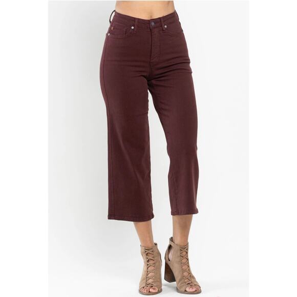 Judy Blue High Waist Tummy Control Wide Leg Crop Denim Jeans Size 15/32 Oxblood - Picture 1 of 12